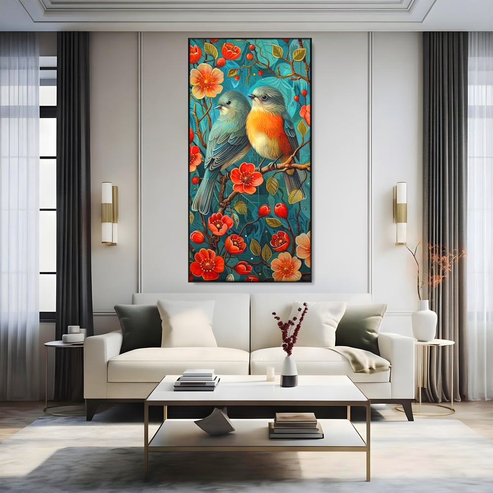 Tablou canvas cu tablou canvas cu pasari pe creanga, in rama de aluminiu negru, pe perete intr-un living